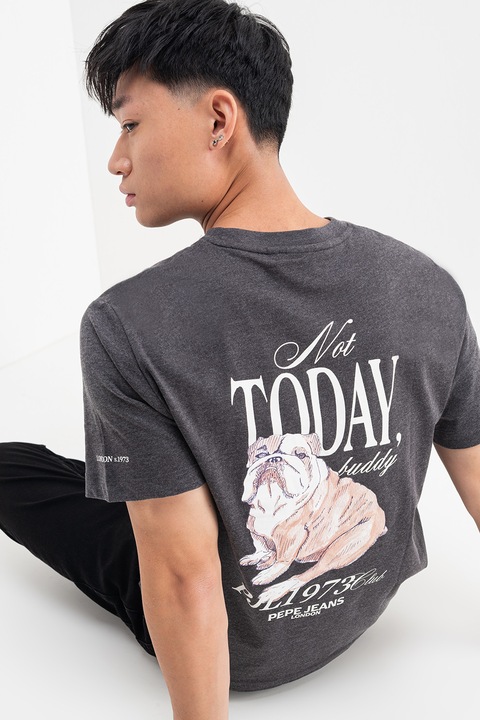 Pepe Jeans London, Tricou de bumbac cu imprimeu pe spate, Gri inchis melange/Bej inchis/Alb optic
