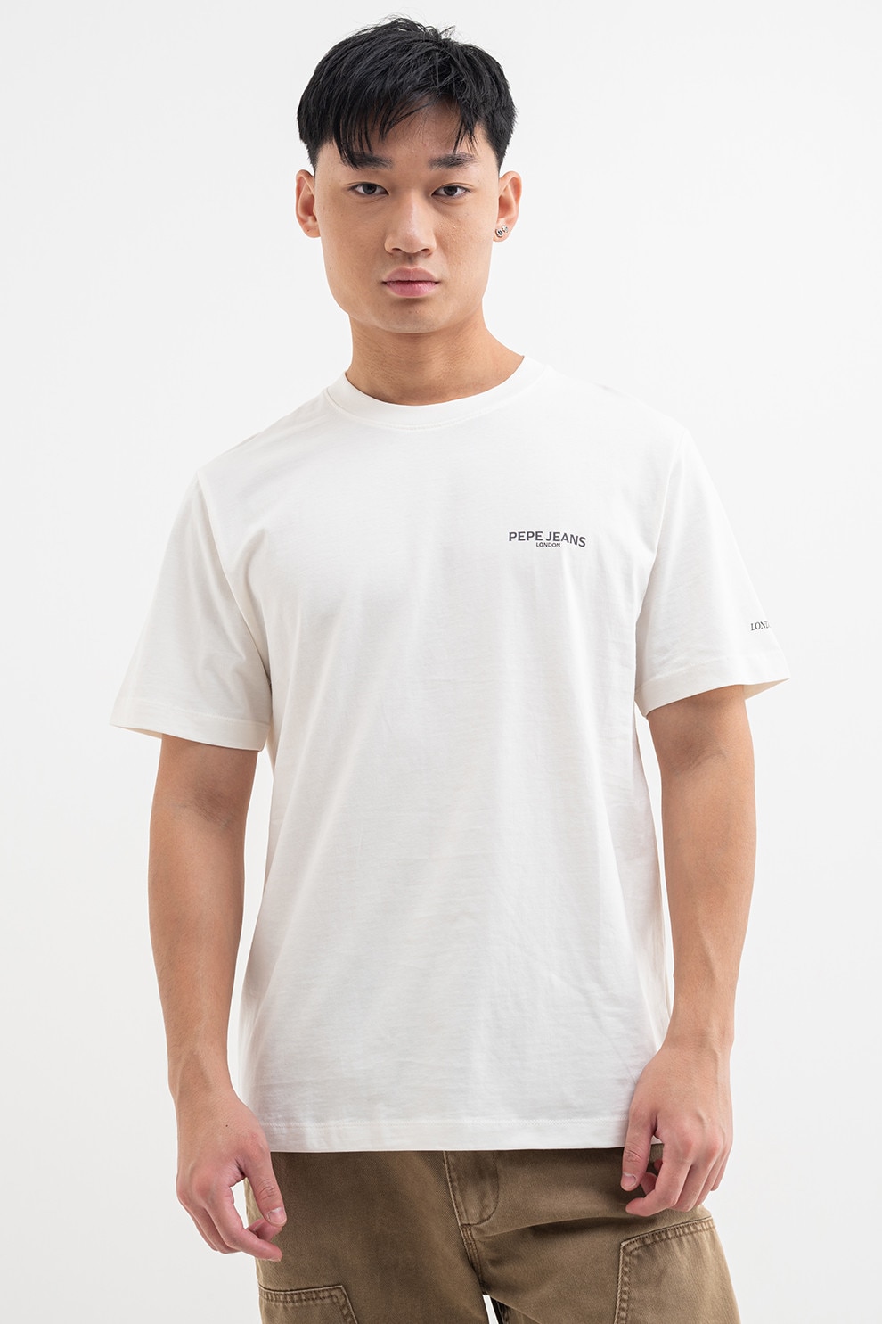 Pepe Jeans London, Tricou de bumbac cu imprimeu pe spate, Negru stins, Alb murdar, Bej deschis, L