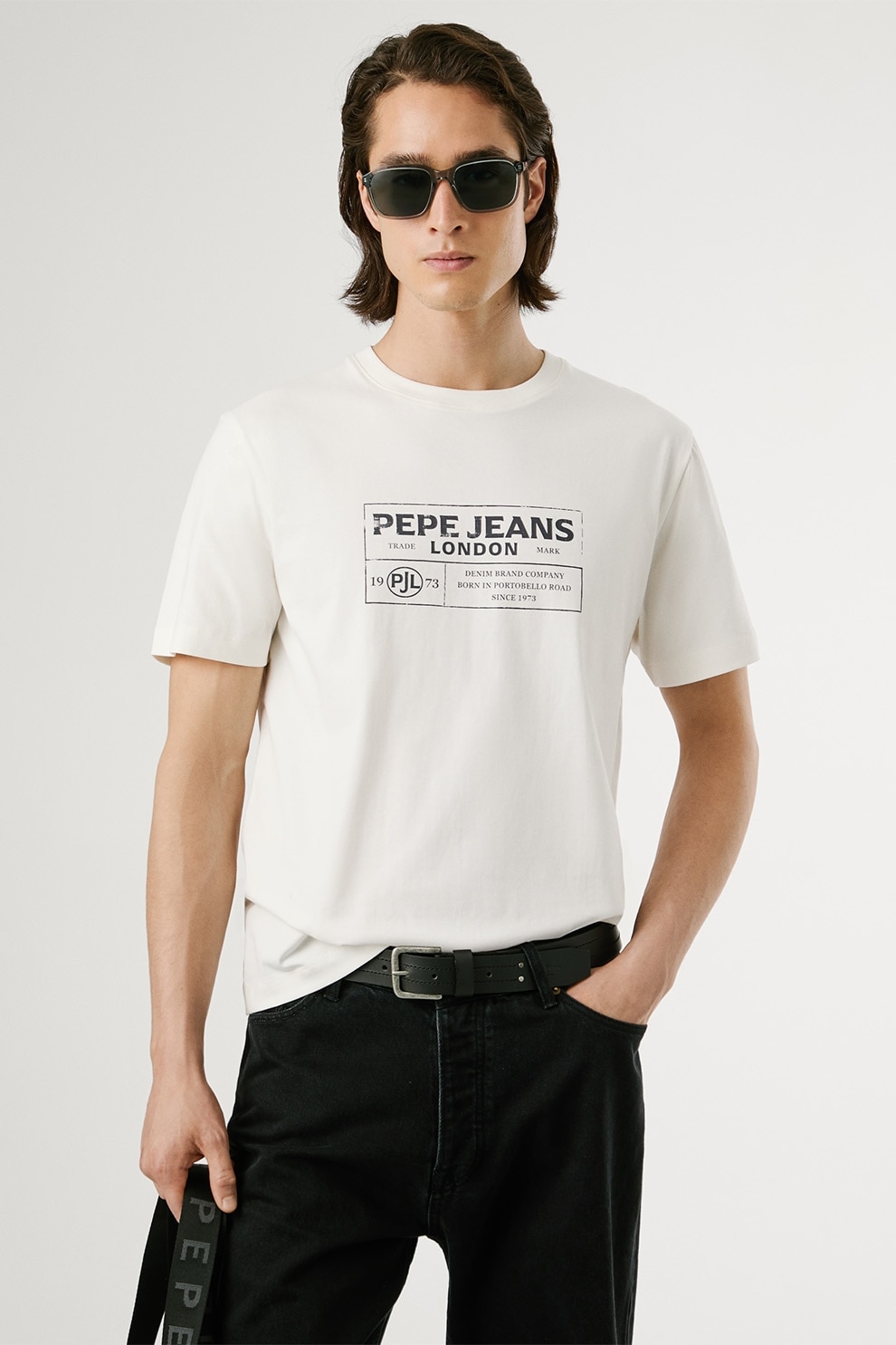 Pepe Jeans London, Tricou cu decolteu la baza gatului si imprimeu logo, Alb fildes, Gri antracit, XL