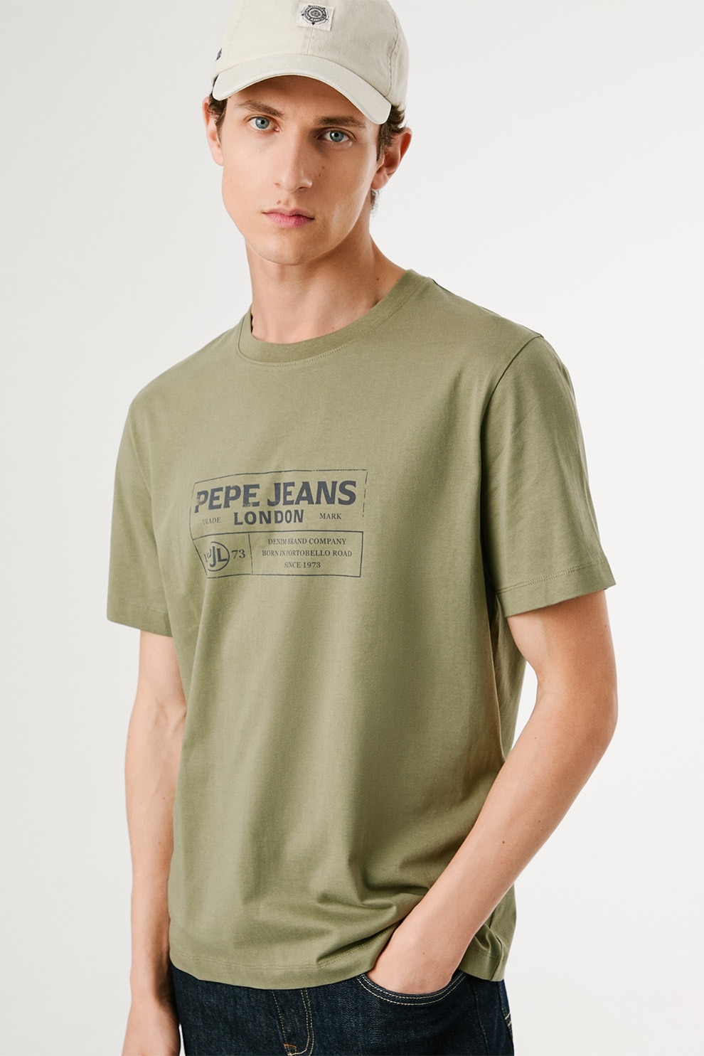 Pepe Jeans London, Tricou cu decolteu la baza gatului si imprimeu logo, Kaki, Gri antracit, M