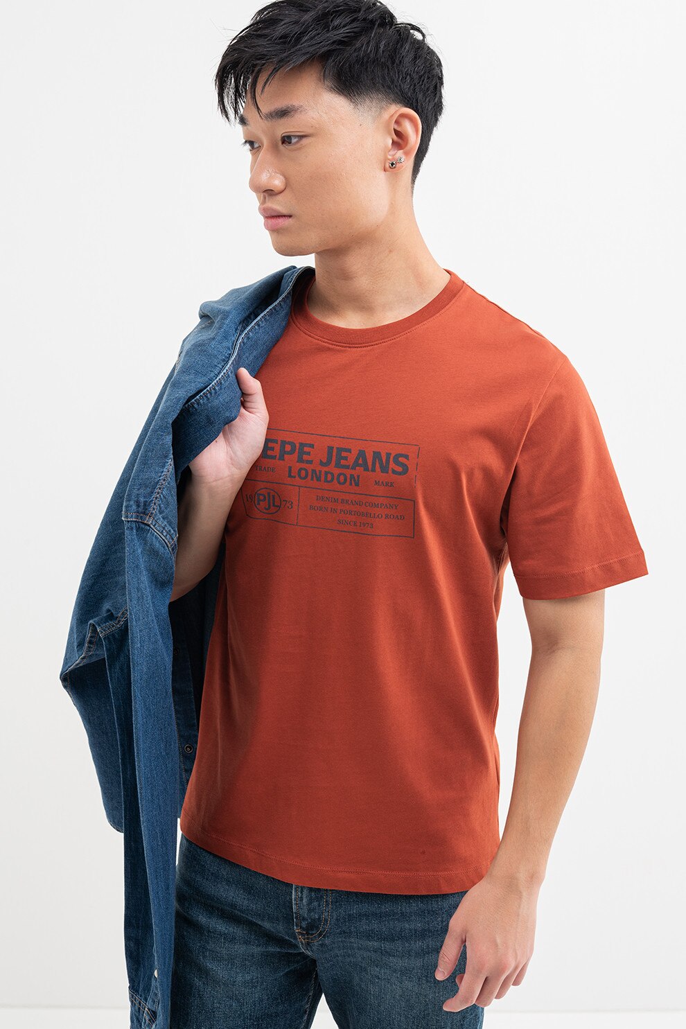 Pepe Jeans London, Tricou cu decolteu la baza gatului si imprimeu logo, Caramiziu, L