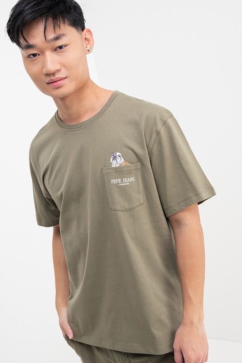 Pepe Jeans London, Tricou cu decolteu la baza gatului si buzunar pe piept, Verde feriga