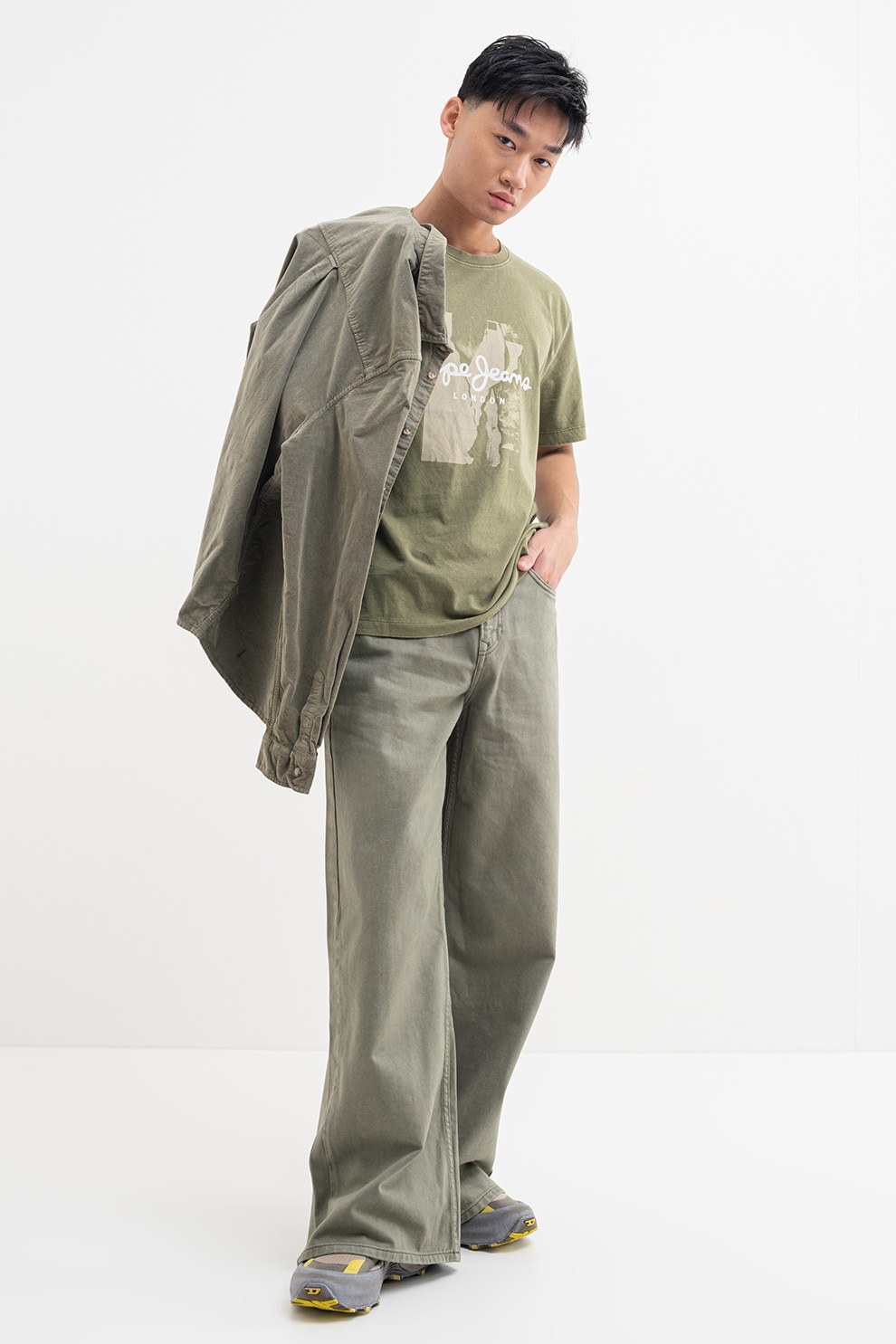 Pepe Jeans London, Tricou de bumbac cu logo, Alb murdar, Verde feriga, Bej deschis, L