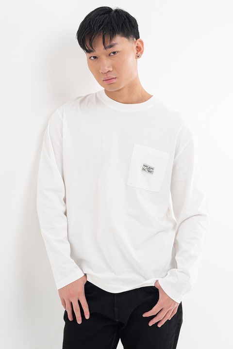 Pepe Jeans London, Памучна блуза с джоб на гърдите, Мръснобял