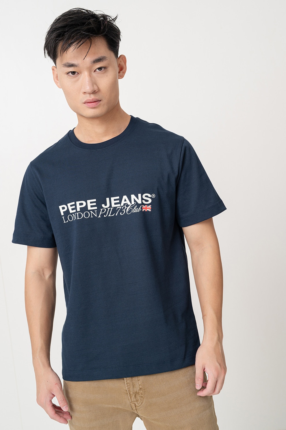 Pepe Jeans London, Tricou cu decolteu la baza gatului si logo pe piept, Bleumarin, M