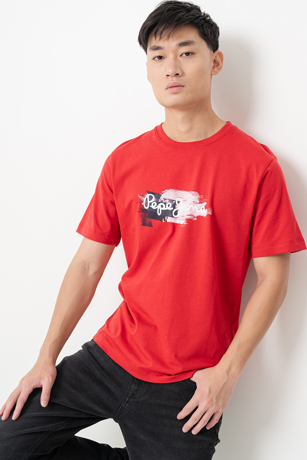 Pepe Jeans London, Tricou regulat fit cu logo pe piept Trey, Rosu, Alb, L