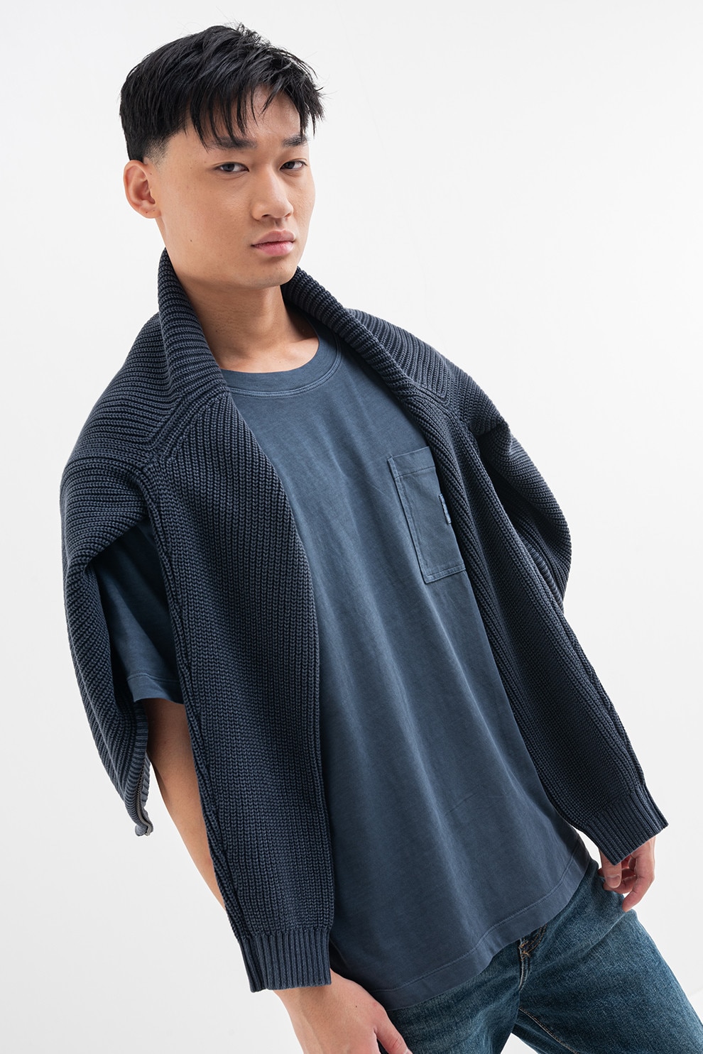 Pepe Jeans London, Tricou de bumbac cu buzuar pe piept, Albastru inchis, L
