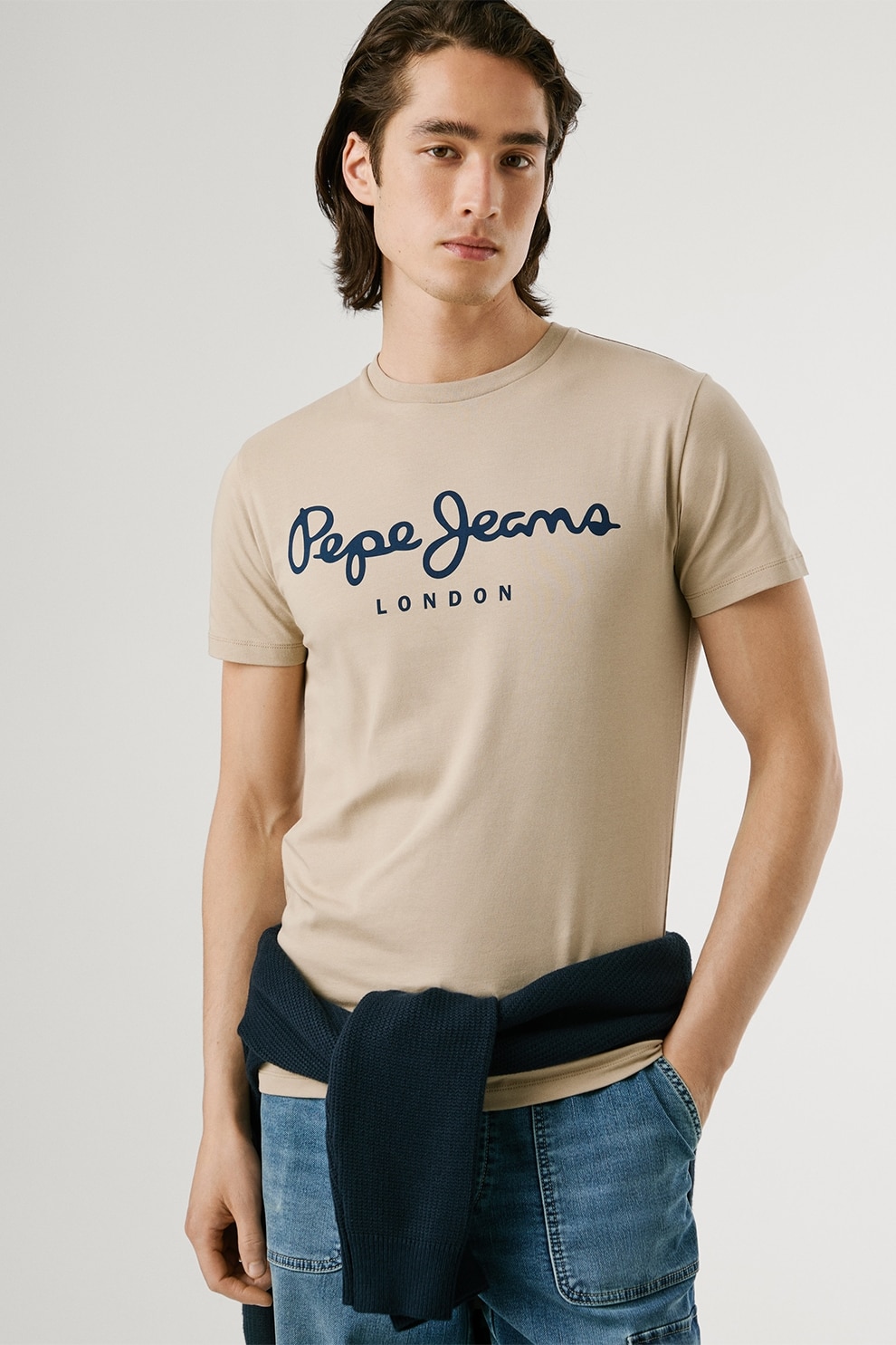 Pepe Jeans London, Tricou regular fit cu logo, Albastru ultramarin, Bej, L