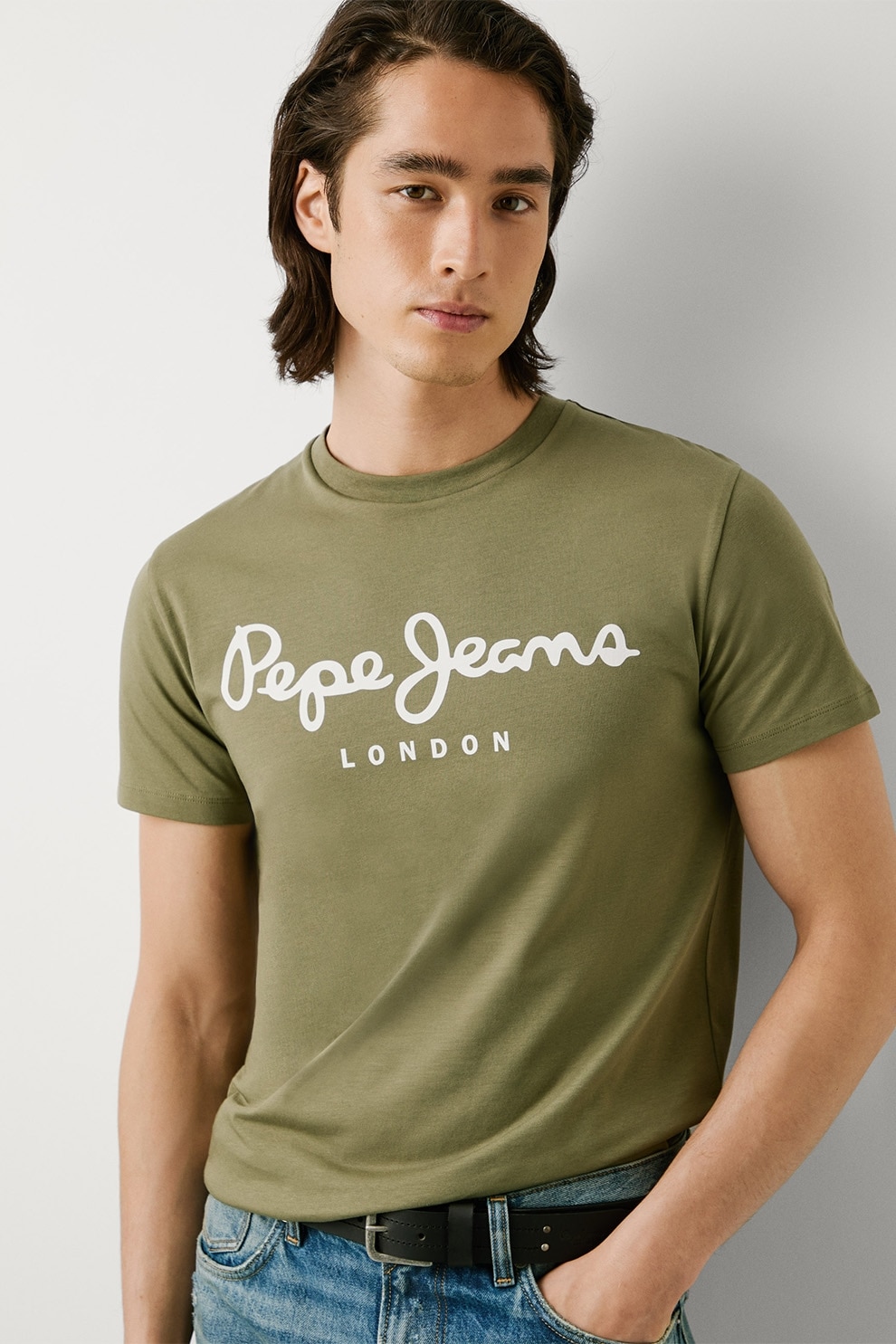 Pepe Jeans London, Tricou regular fit cu logo, Alb, Verde spranghel, XL