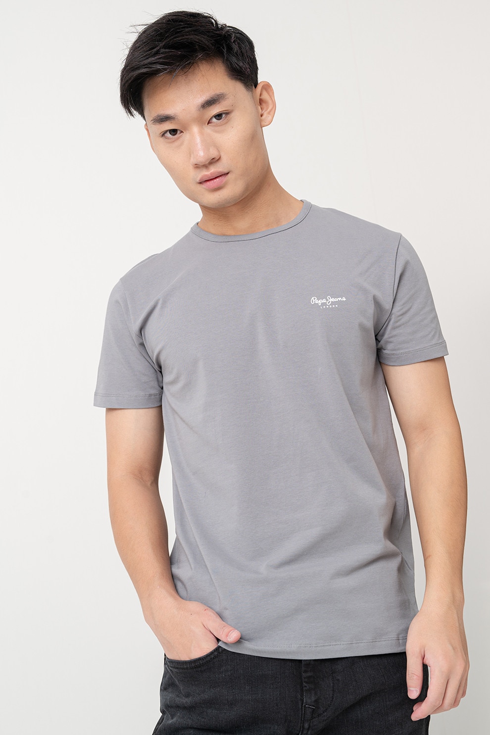 Pepe Jeans London, Tricou slim fit cu logo discret, Gri, M