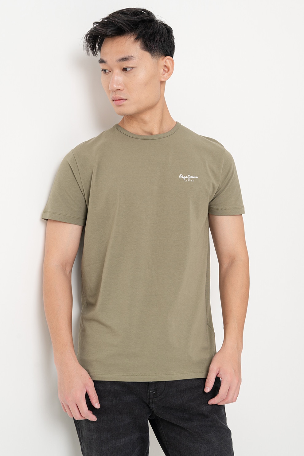 Pepe Jeans London, Tricou slim fit cu logo discret, Verde sparanghel, L