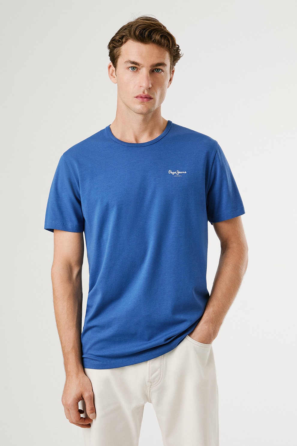 Pepe Jeans London, Tricou slim fit cu logo discret, Albastru royal, L