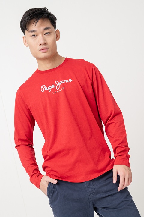 Pepe Jeans London, Bluza cu decolteu la baza gatului si logo, Rosu