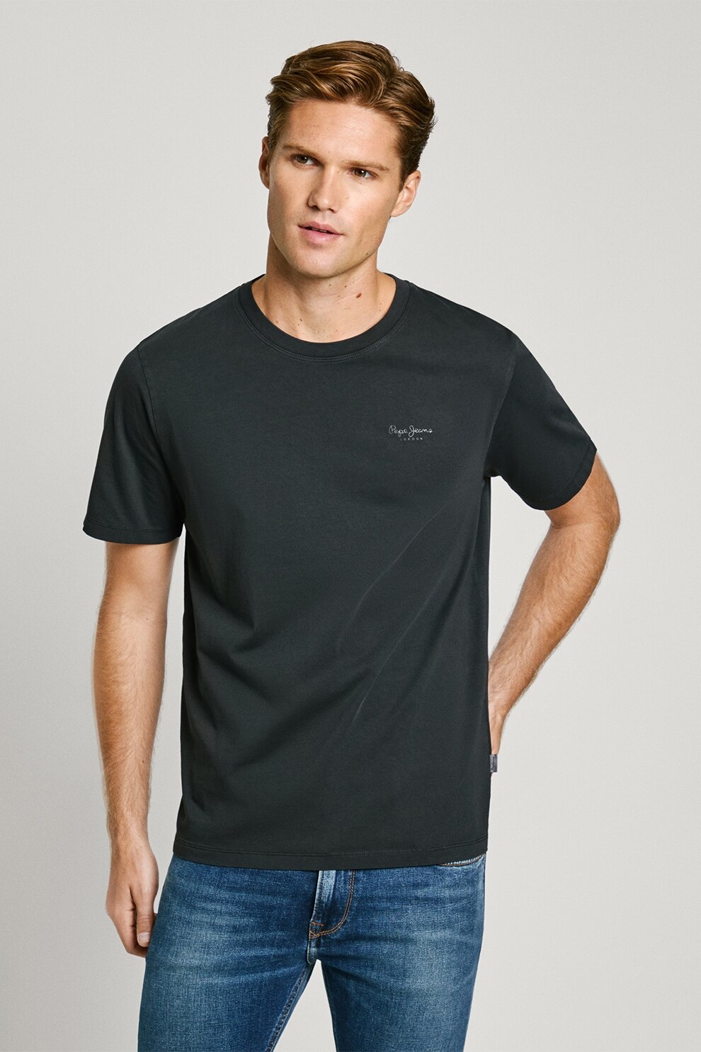 Pepe Jeans London, Tricou din bumbac cu logo discret Jacko, Gri antracit, M