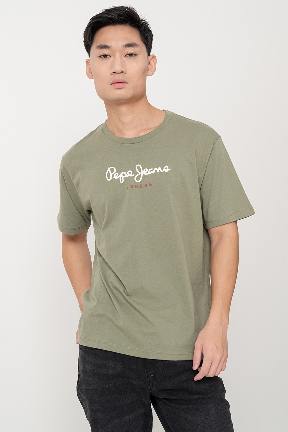 Pepe Jeans London, Tricou cu decolteu la baza gatului si logo, Verde sparanghel, XL