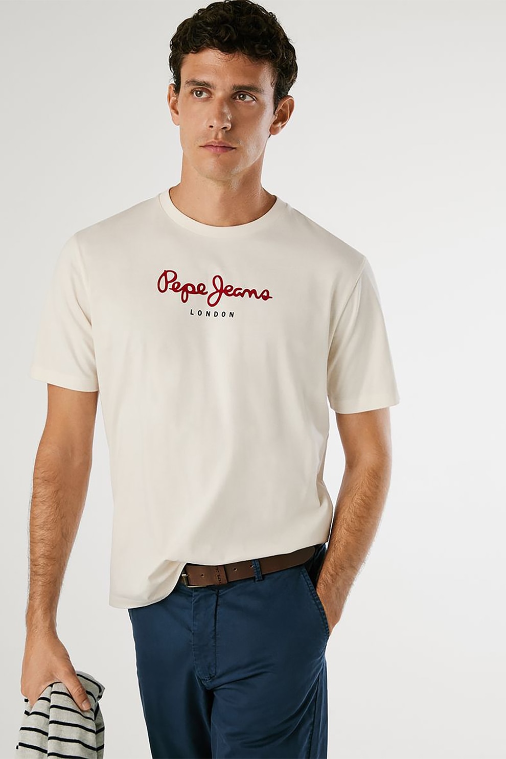 Pepe Jeans London, Tricou cu decolteu la baza gatului si logo, Alb fildes, Verde inchis, L