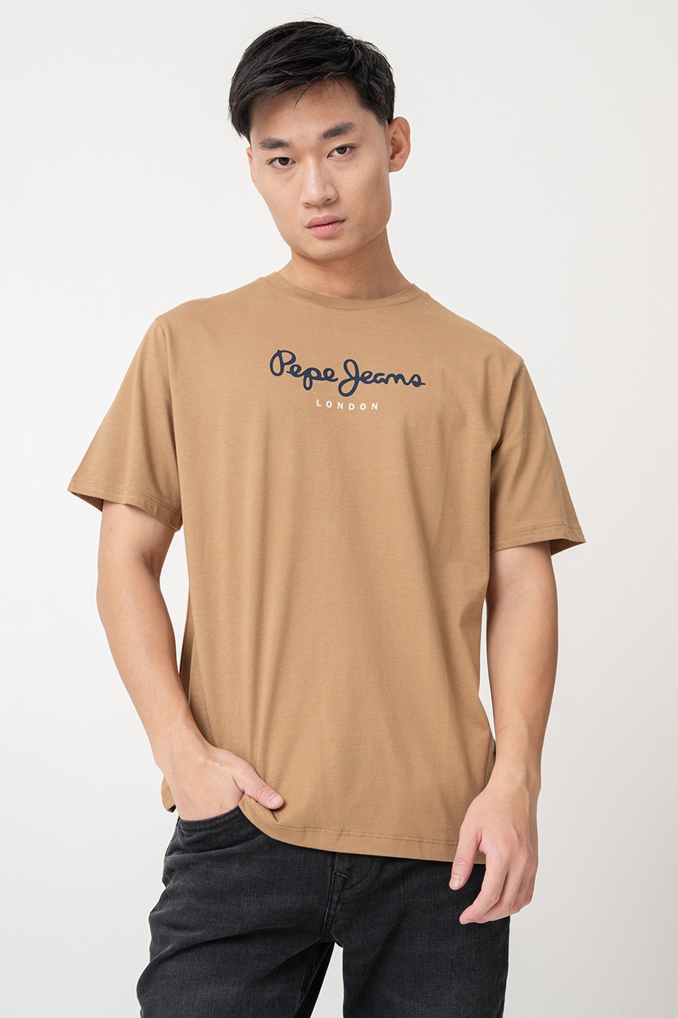 Pepe Jeans London, Tricou cu decolteu la baza gatului si logo, Maro, L