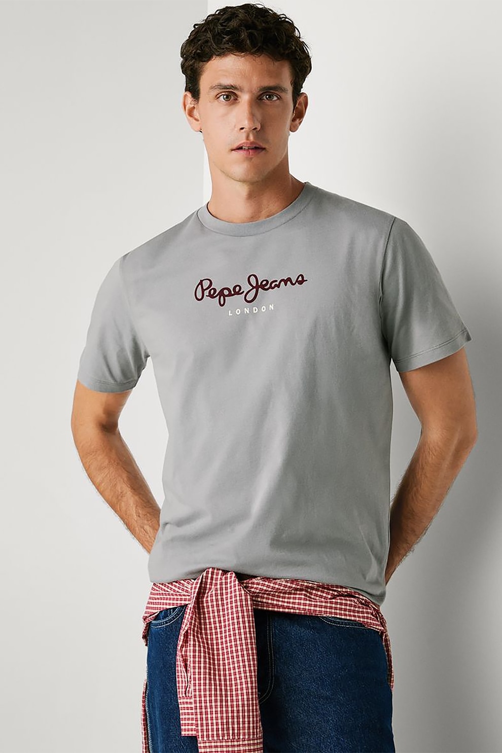 Pepe Jeans London, Tricou cu decolteu la baza gatului si logo, Visiniu, Gri, S