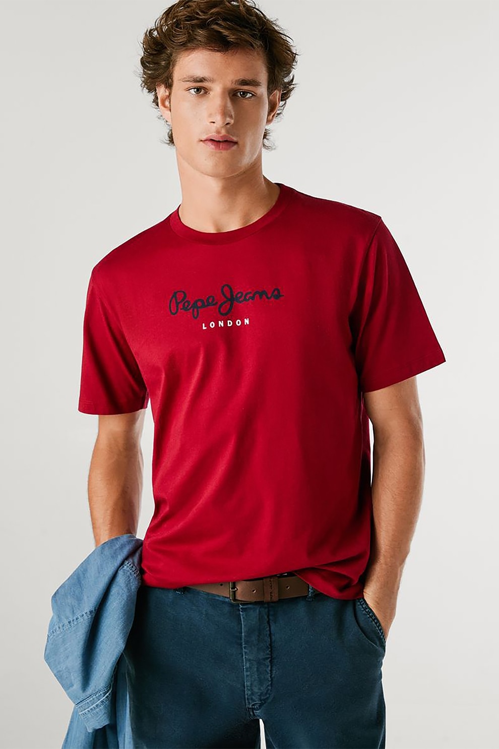 Pepe Jeans London, Tricou cu decolteu la baza gatului si logo, Rosu, Albastru ultramarin, Alb murdar, M