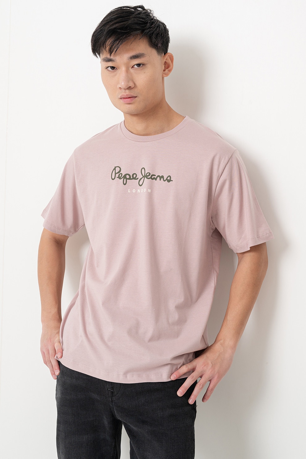 Pepe Jeans London, Tricou cu decolteu la baza gatului si logo, Roz prafuit, L