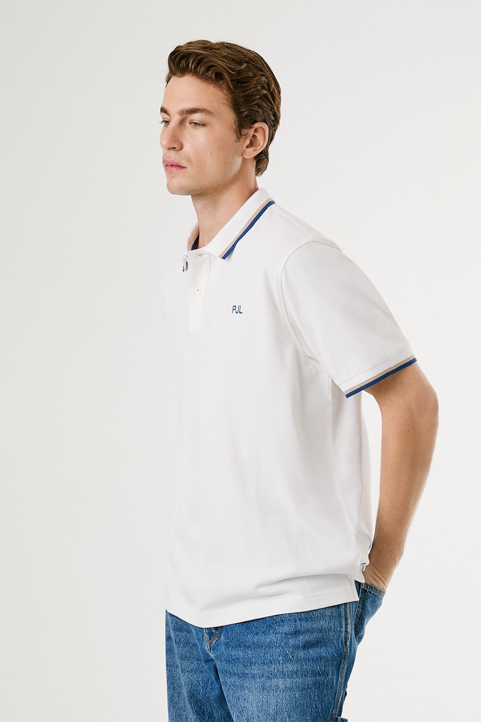 Pepe Jeans London, Tricou polo regular fit cu terminatii contrastante, Alb optic, Albastru deschis, M