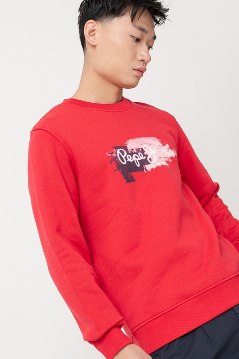 Pepe Jeans London, Bluza de trening cu imprimeu logo, Rosu