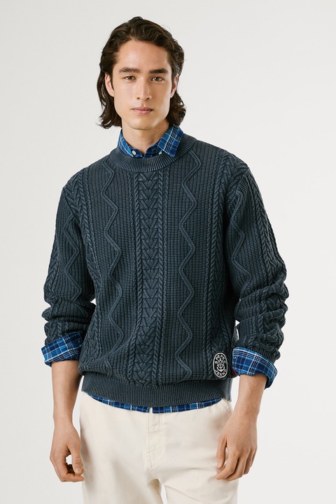 Pepe Jeans London, Csavart kötésmintás pulóver, Olajkék