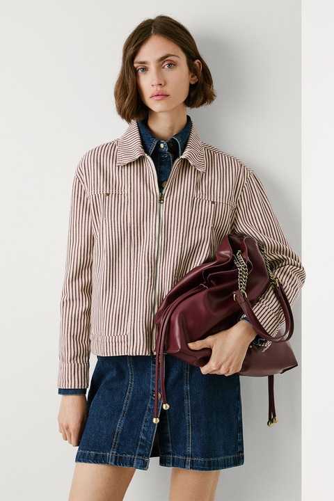 Pepe Jeans London, Jacheta-camasa cu model in dungi si fermoar, Rosu/Alb fildes/Negru, XS