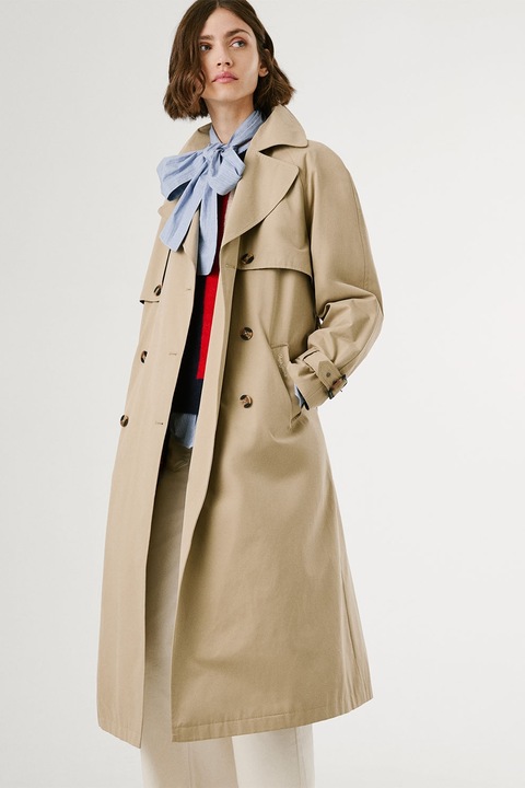 Pepe Jeans London, Trenci cu nasturi si cordon in talie, Maro nisip, L