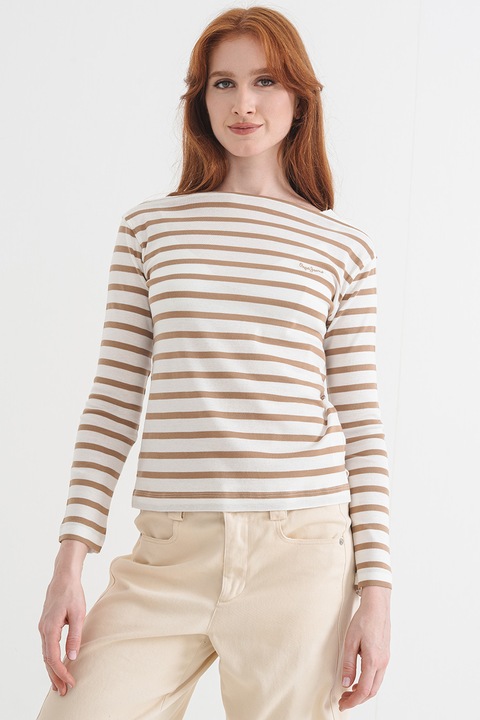 Pepe Jeans London, Bluza in dungi Betty, Alb murdar/Maro camel