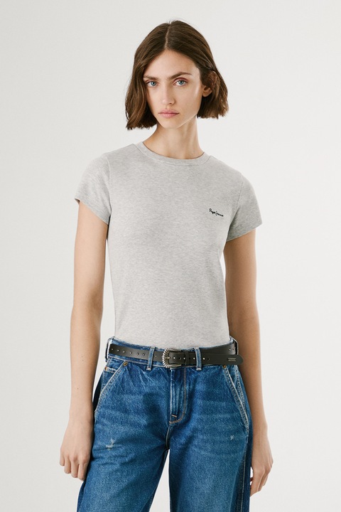 Pepe Jeans London, Tricou cu decolteu la baza gatului si logo brodat, Gri deschis