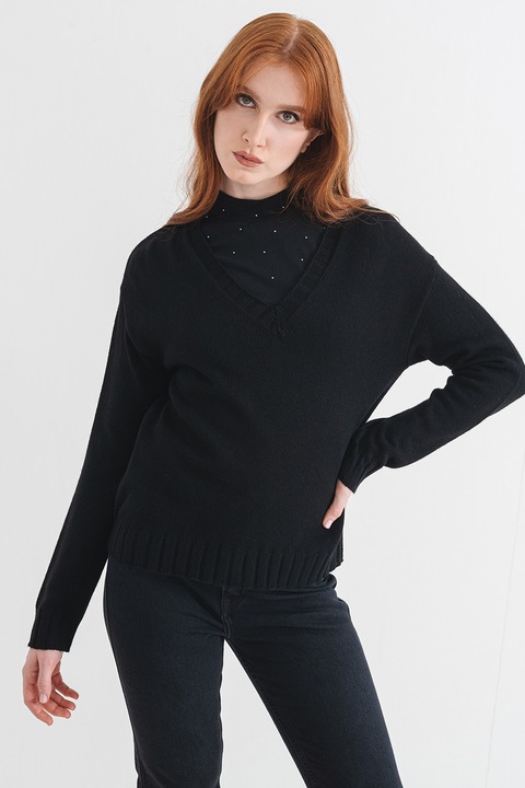 Pepe Jeans London, Pulover din amestec de lana cu decolteu in V, Negru