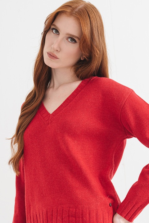 Pepe Jeans London, Pulover din amestec de lana cu decolteu in V, Rosu