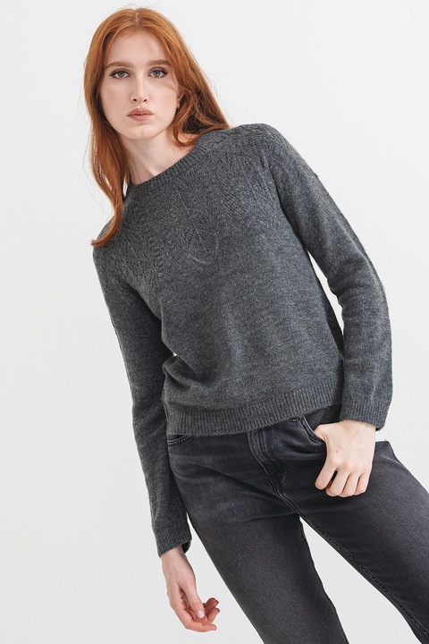 Pepe Jeans London, Pulover cu detalii perforate, Gri inchis melange