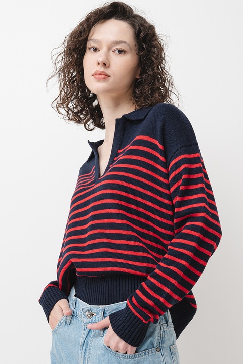 Pepe Jeans London, Pulover tricotat cu dungi, Rosu/Bleumarin