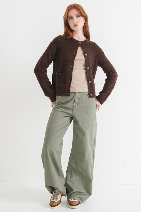 Pepe Jeans London, Cardigan cu buzunare aplicate, Maro inchis