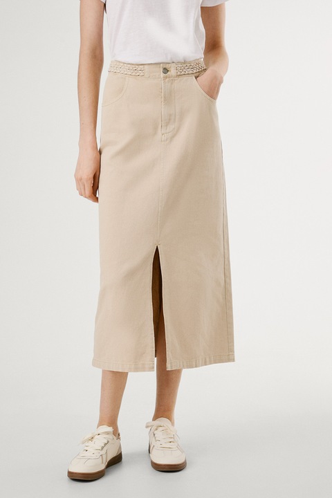 Pepe Jeans London, Fusta midi de denim cu slit frontal, Bej deschis