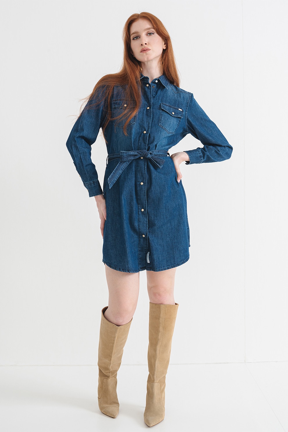 Pepe Jeans London, Rochie de denim cu maneci lungi, Albastru inchis, S