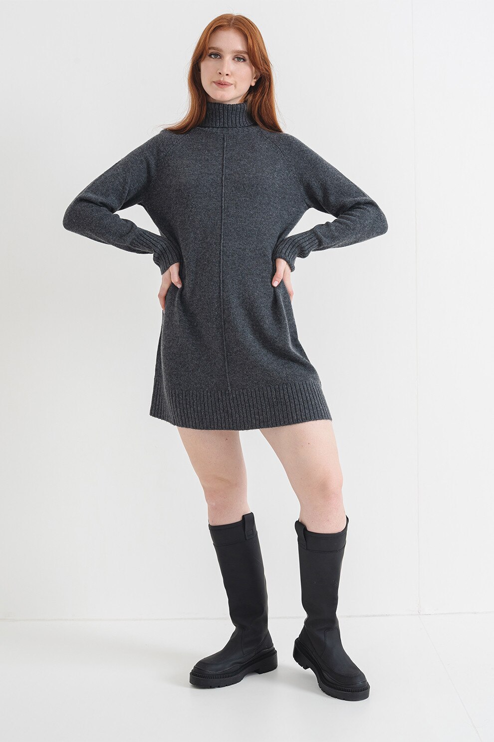 Pepe Jeans London, Rochie lejera cu guler inalt, Gri inchis melange, S