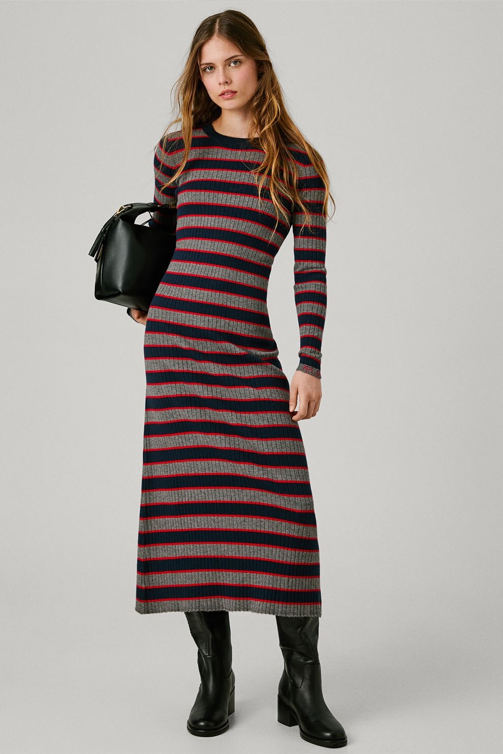 Pepe Jeans London, Rochie maxi cu model in dungi, Rosu, Gri melange, Bleumarin, S