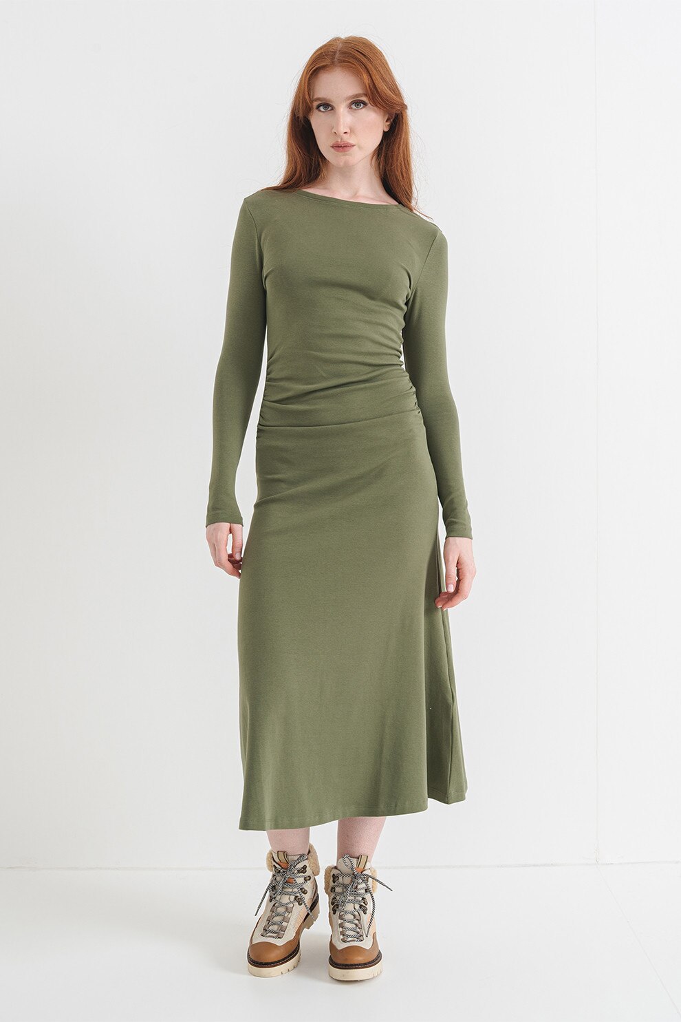 Pepe Jeans London, Rochie lunga cambrata, Verde feriga, S
