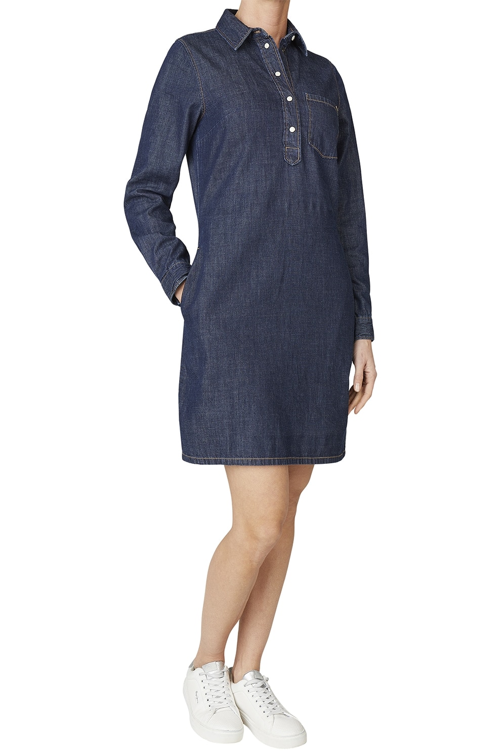 Pepe Jeans London, Rochie scurta din deni cu maneci lungi si fenta cu fermoar, Bleumarin, M