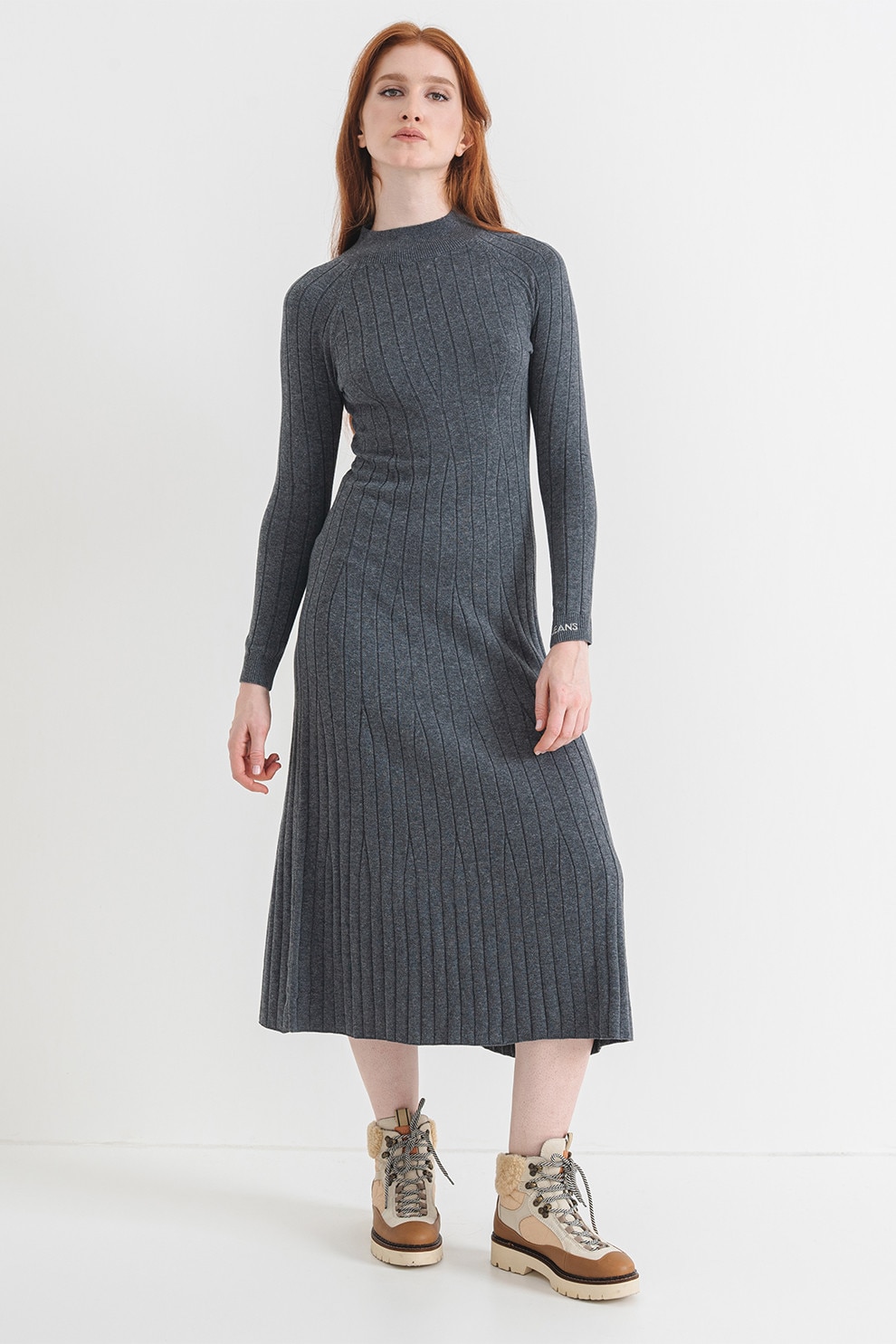 Pepe Jeans London, Rochie lunga cu guler inalt, Gri inchis melange, M