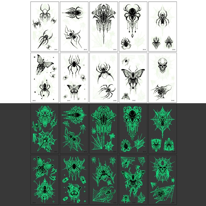 Tatuaje Fosforescente Color Temporare, Set 60 Paianjen, pentru copii de 3+ ani, Material sigur, Rezistente la apa, Bluvista®, Multicolor