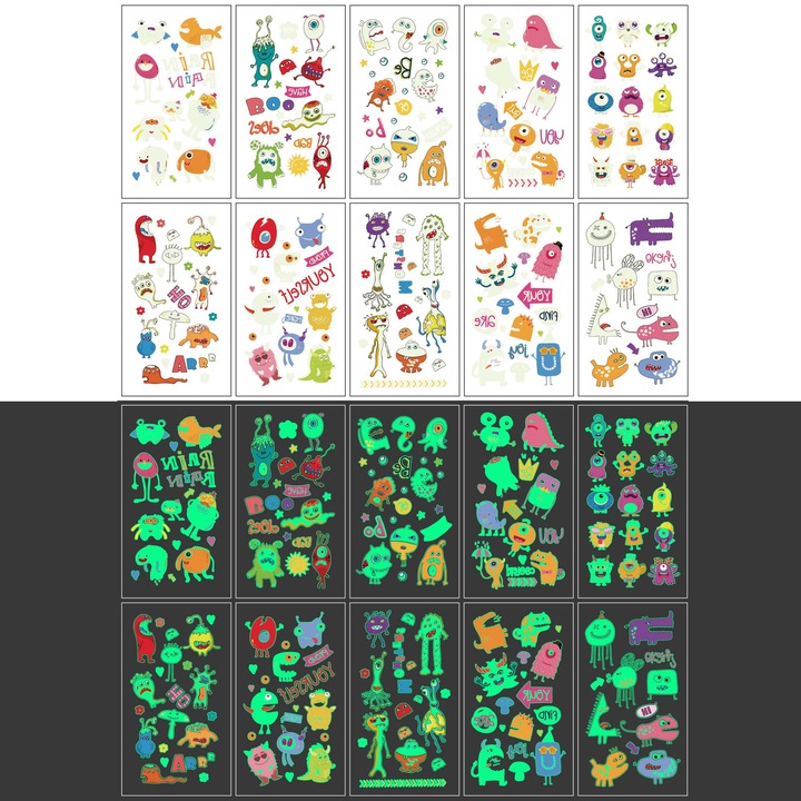 Tatuaje Fosforescente Color Temporare, Set 200 Monstru, Fantome, pentru copii de 3+ ani, Material sigur, Rezistente la apa, Bluvista®, Multicolor