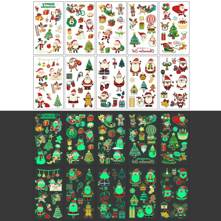 Tatuaje Fosforescente Color Temporare, Set 200 Craciun, ren, pentru copii de 3+ ani, Material sigur, Rezistente la apa, Bluvista®, Multicolor