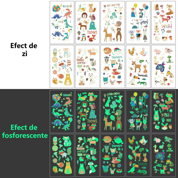 Tatuaje Fosforescente Color Temporare, Set 200 Animal, Dinozaur, pentru copii de 3+ ani, Material sigur, Rezistente la apa, Bluvista®, Multicolor