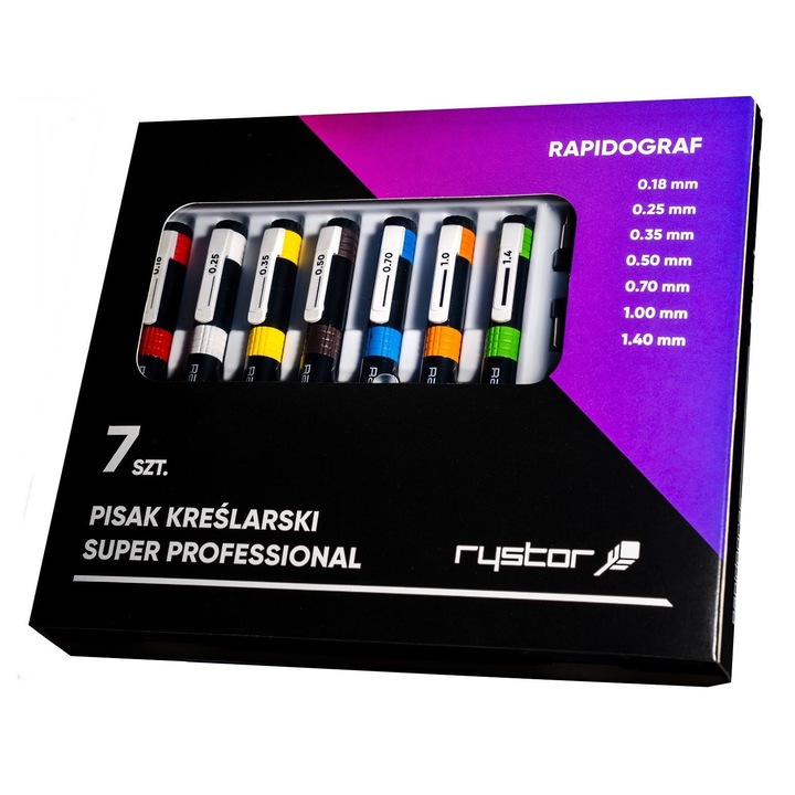 Set 7 rapidografe Rystor Super Professional, multicolor, 0.18-1.4mm, 7 piese