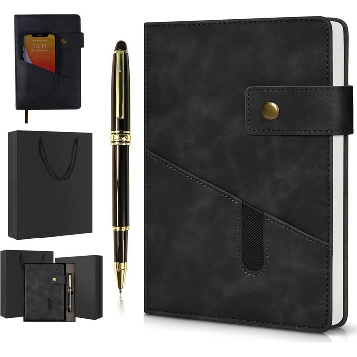 Agenda tip portofoliu A5, HaploS®, 100 Pagini, Pix metalic, Design Modern, cu buzunar frontal pentru telefon, Cutia Cadou Incluse, calatorii, coperta cartonata, 210*145mm, Negru
