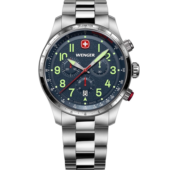 Ferfi karora Wenger 43mm, 10ATM, Kék, Ezüstszín